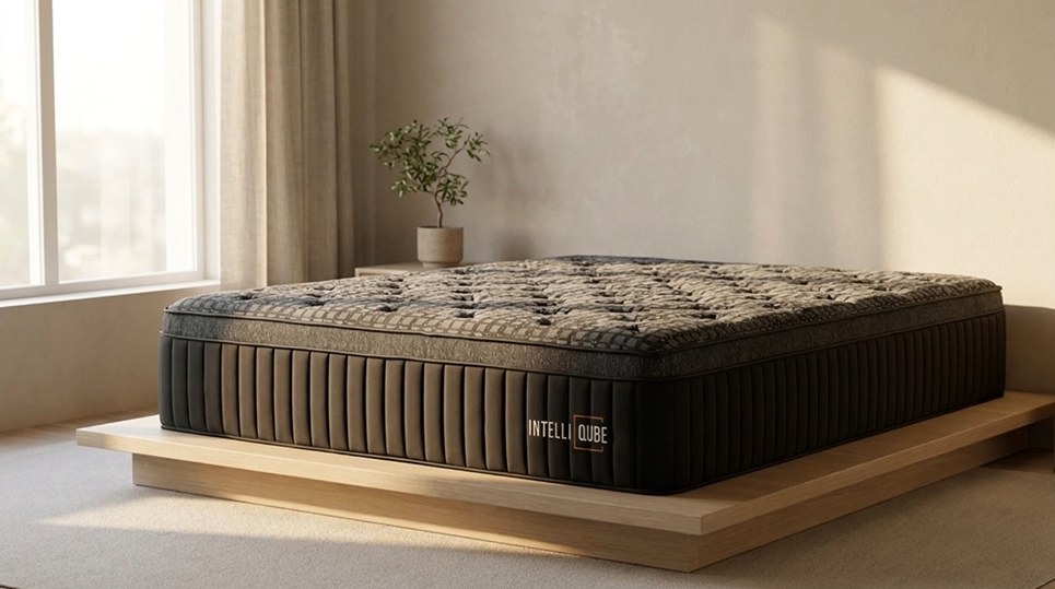 INTELLIQUBE mattress on a platform bed in a sunlit bedroom